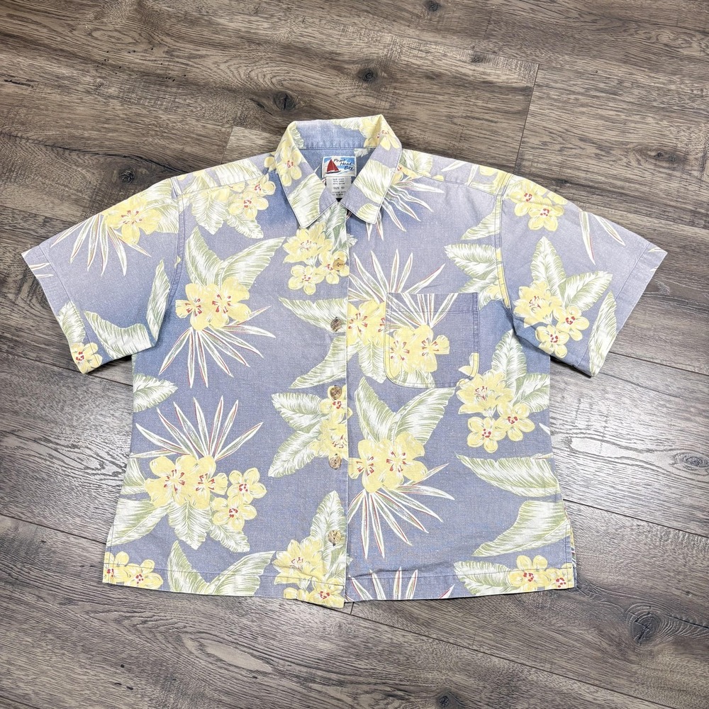 Pearl Head Bay Shirt Womens 10 Blue Floral Linen Hawaiian Tropical Button Front